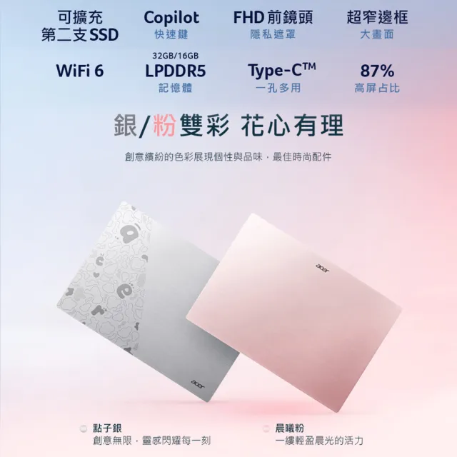 【Acer 宏碁】14吋Ultra 5 999g極輕薄AI筆電-晨曦粉(Swift Lite/SFL14-54M-51ZA/Ultra5-115U/16G/512G/W11)