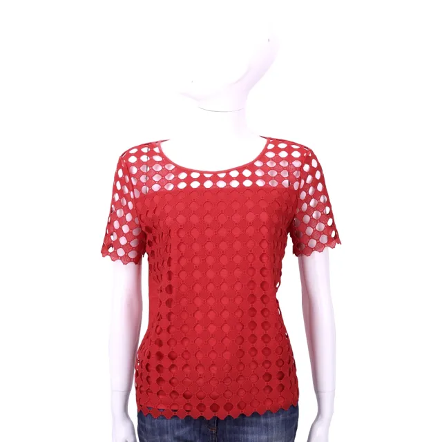 【TORY BURCH】紅色圓點簍空拼接短袖T恤(上衣 TEE TB)