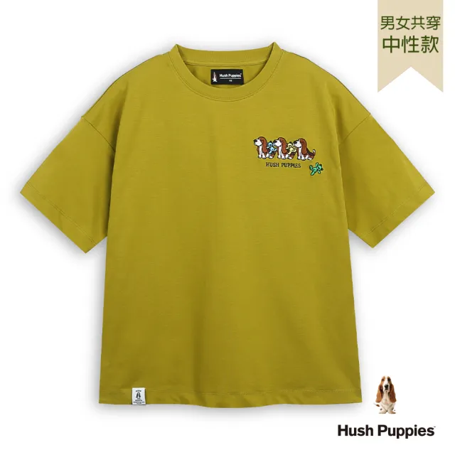 【Hush Puppies】男女共穿 T恤 涼感Q版坐姿狗刺繡T恤 (橄欖綠 / 63211801)