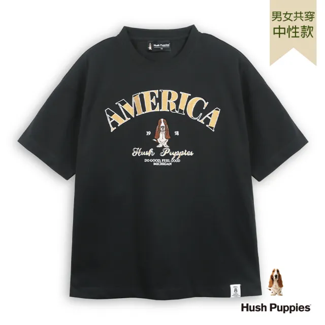 【Hush Puppies】男女共穿 T恤 涼感經典美式風刺繡狗寬版T恤 (黑色 / 63211802)
