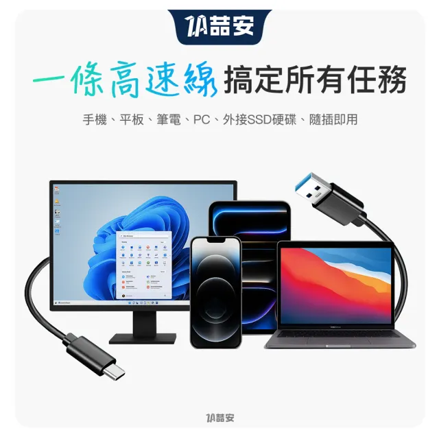【ZA 喆安】USB3.2 Gen2 10G Type-C充電線2m USB-A to Type-C傳輸線 適用iPhone 17/16/筆電/手機快充線