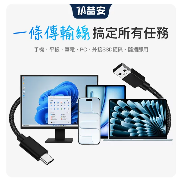 【ZA 喆安】USB 2.0 Type-C編織充電線1m USB-A to Type-C傳輸線 適用蘋果iPhone17/16/筆電/手機快充線