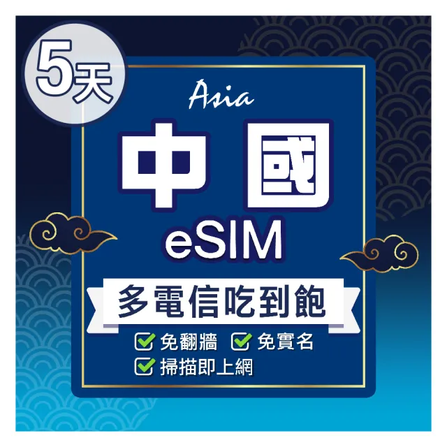 【環亞電訊】eSIM中國5天多電信吃到飽(24H自動發貨 中國網卡 大陸 免翻牆 免換卡 eSIM)