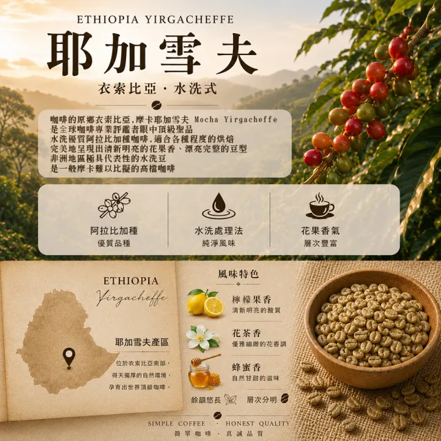 【黑開水】現烘耶加雪夫咖啡豆1磅 淺焙(450g/包)(水洗)