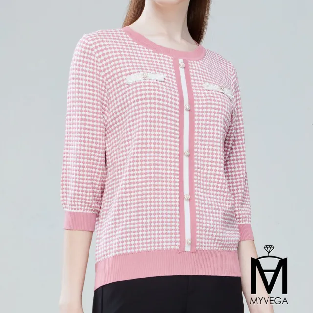 【MYVEGA 麥雪爾】MA小香風珍珠釦格格紋針織上衣-共三色(日系/女上衣/小香風)