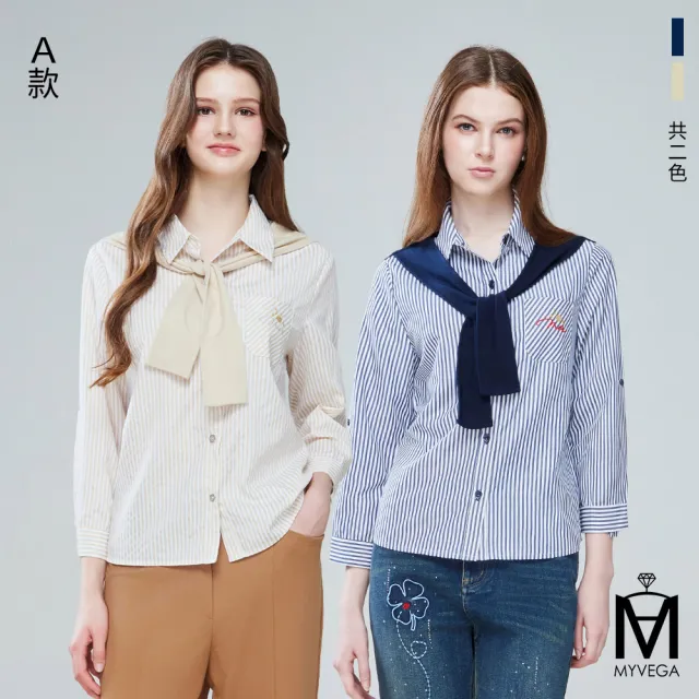 【MYVEGA 麥雪爾】MA異材質拼接條紋/假兩件針織/造型披肩上衣-多款任選(日系/女上衣/棉T/長袖)