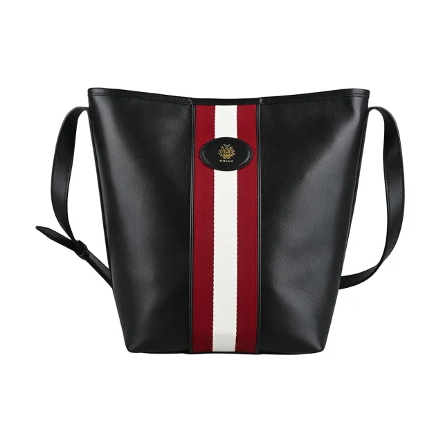 【BALLY】BALLY精品小牛皮紅白肩背斜背水桶包(黑)