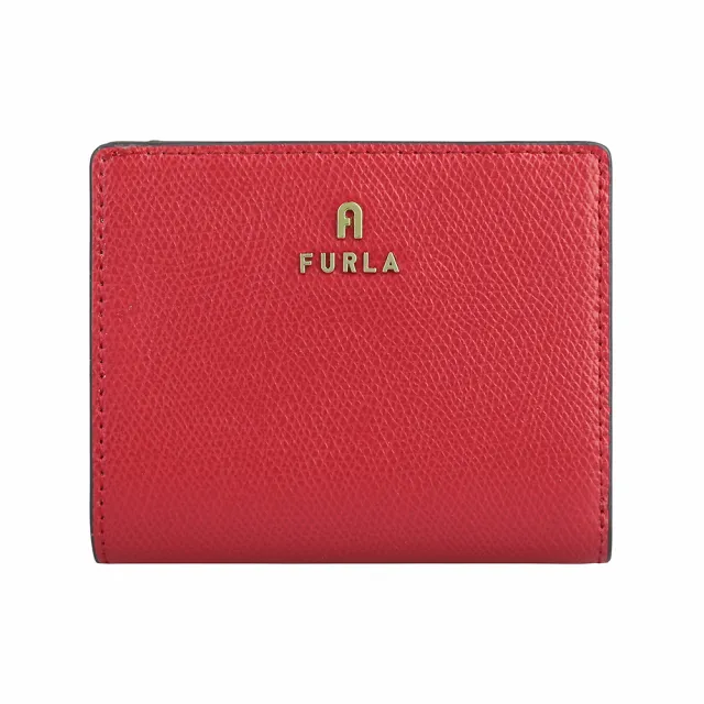 【FURLA 芙拉】FURLA 雷雕鍍金字LOGO Camelia系列小牛皮4卡按釦式零錢短夾(寶石紅x淡粉紅)