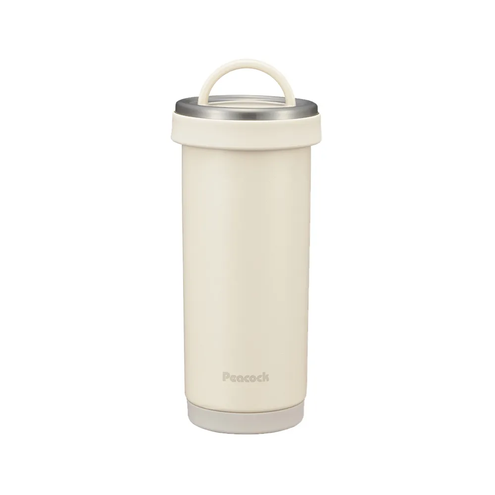 【Peacock 日本孔雀】316不鏽鋼 手提式City城市 咖啡杯 保冷保溫杯400ML-米白(耐衝擊底座)(保溫瓶)