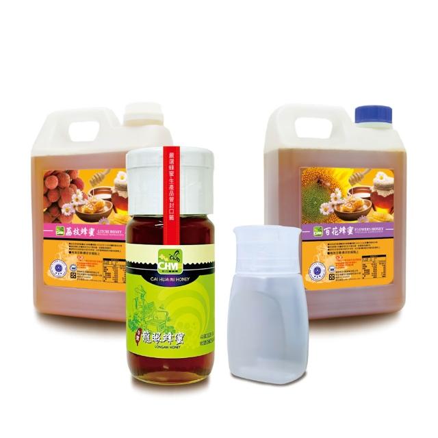 【彩花蜜】台灣蜂蜜3000gX1桶(荔枝/百花任選)+700g龍眼X1瓶