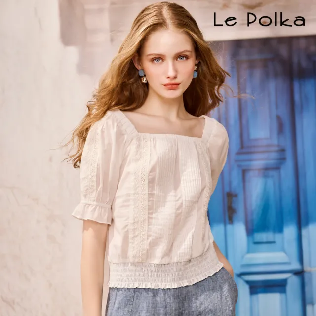 【Le Polka】手工抓褶蕾絲上衣-女