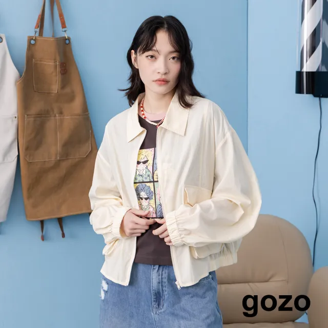 【gozo】落肩抽皺澎澎袖涼感遮陽外套(米白/藍色)