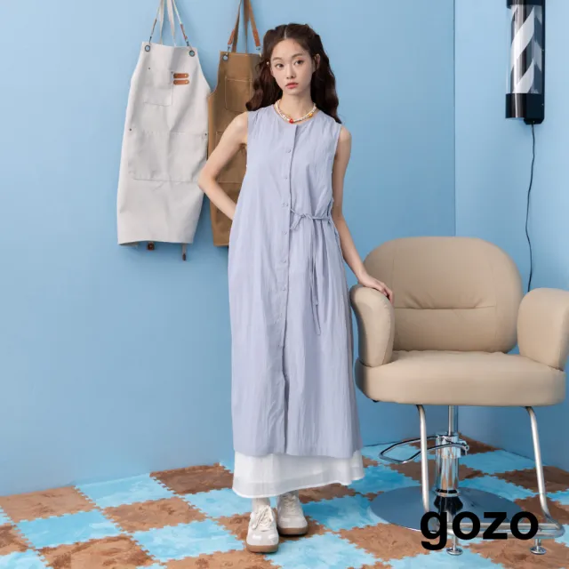 【gozo】不對稱抓摺綁帶涼感背心洋裝(咖啡/藍色)