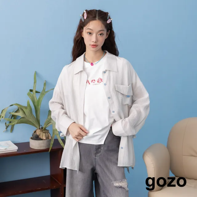 【gozo】不對稱設計條紋綁帶輕薄襯衫(淺灰/深藍)