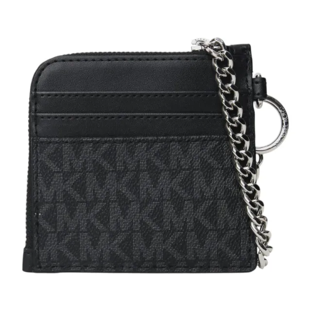 【Michael Kors】銀字滿版防刮鍊帶L型拉鍊零錢包(黑灰)