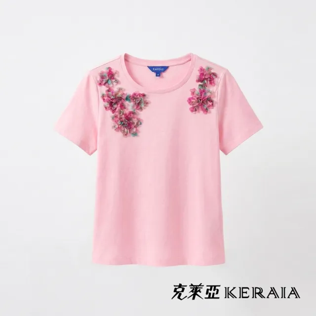 【KERAIA 克萊亞】桃粉戀花影立體花飾棉上衣