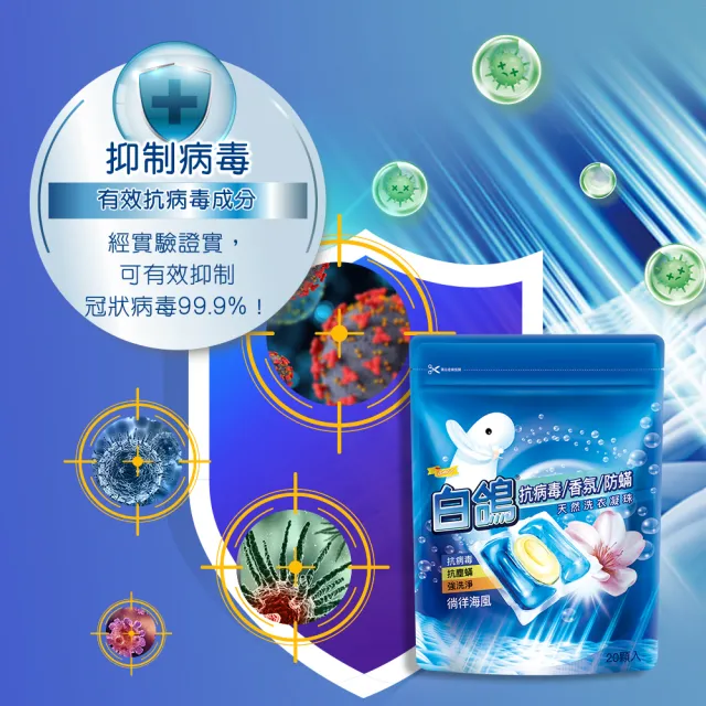 moPro會員專屬【白鴿】抗病毒香氛防蹣天然洗衣凝珠X3+贈加氛抗菌洗手乳250g(共60顆 洗衣球/洗衣膠囊)