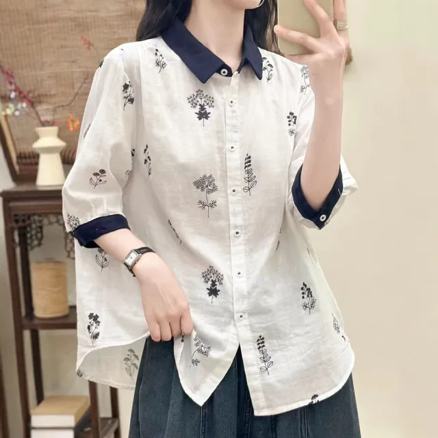 【MU YI YANG 慕衣洋】刺繡翻領寬鬆短袖上衣