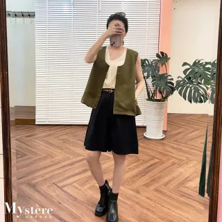 【my stere 我的時尚秘境】雙11 雙層拼接假兩件棉麻背心 橄欖綠 天絲背心 棉麻背心 西裝背心 古著背心