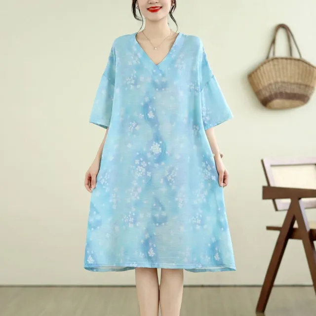 【AKARA】涼爽雪紡紗質感花系列短袖長裙洋裝 中大尺碼 L-3XL