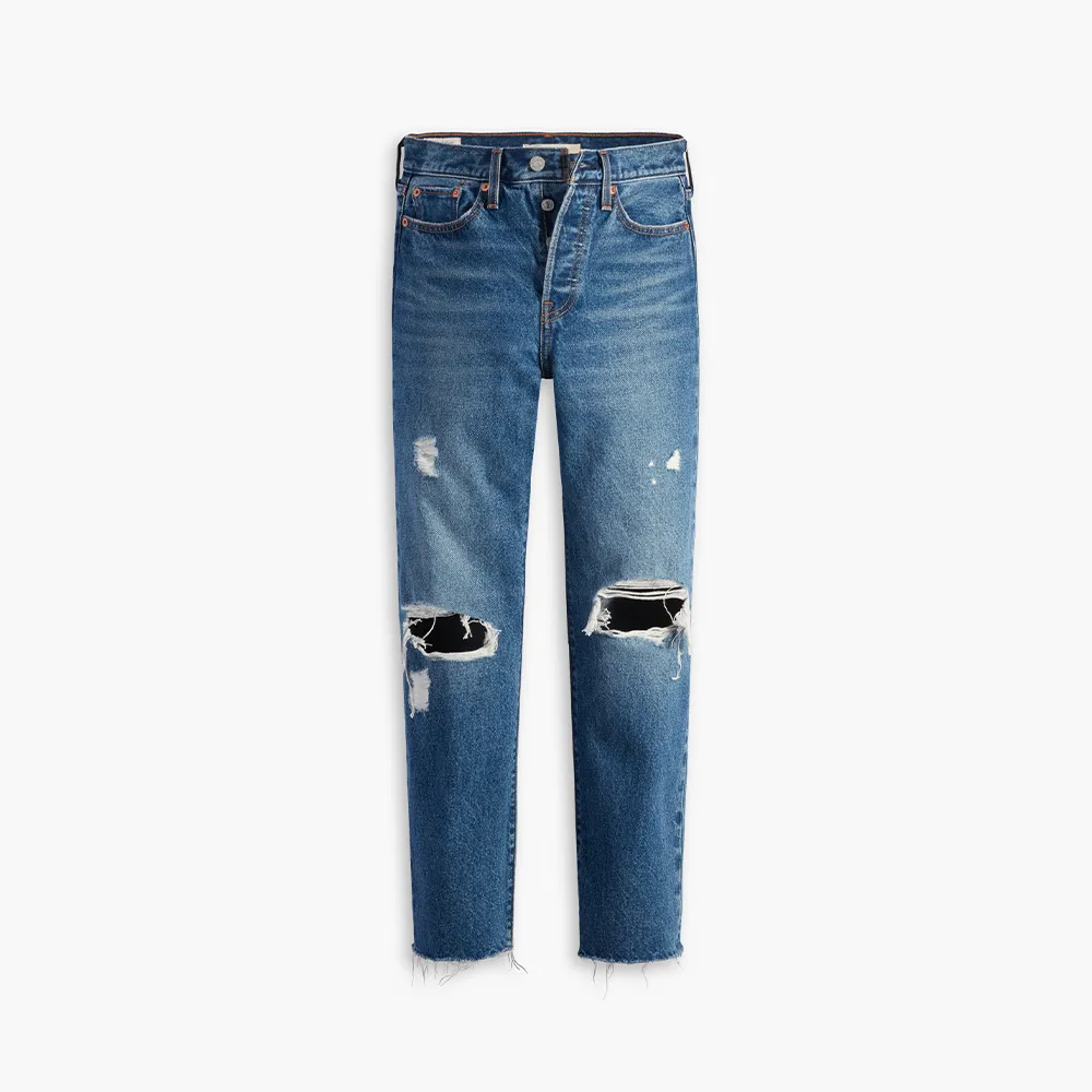 【LEVIS】女 Wedgie高腰修身直筒排釦牛仔褲/磨損開口破壞/不收邊褲管 及踝款 熱賣單品 34964-0160