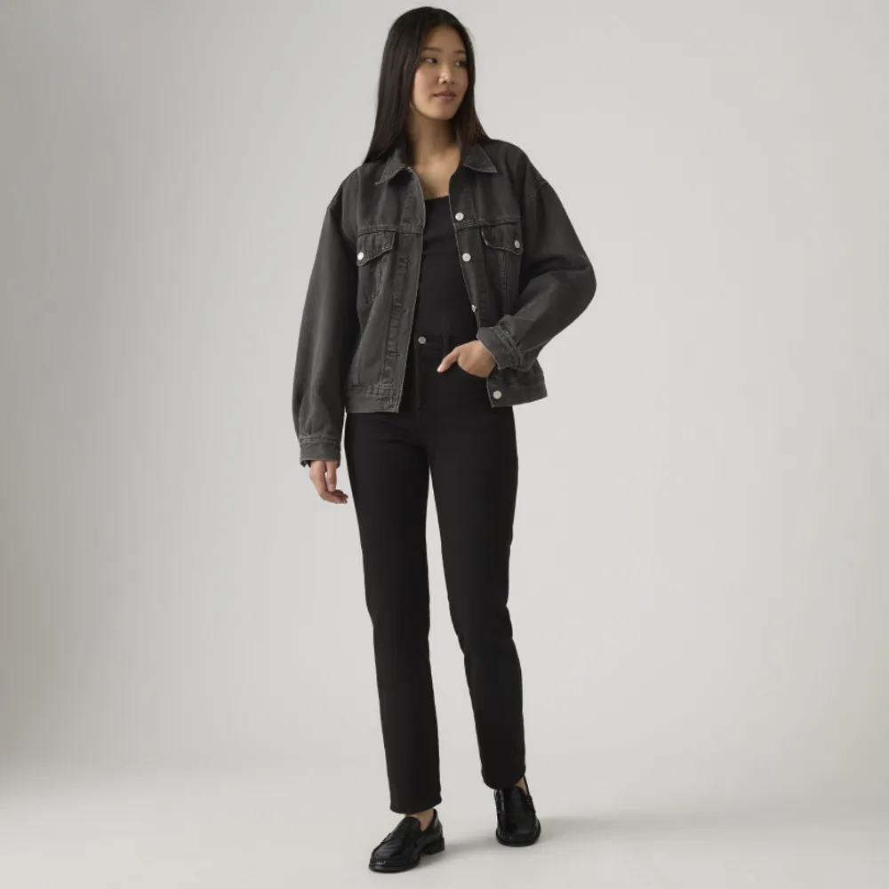 【LEVIS】女 Wedgie高腰修身直筒排釦牛仔長褲/黑色基本款/彈性布料 及踝款 熱賣單品 34964-0023