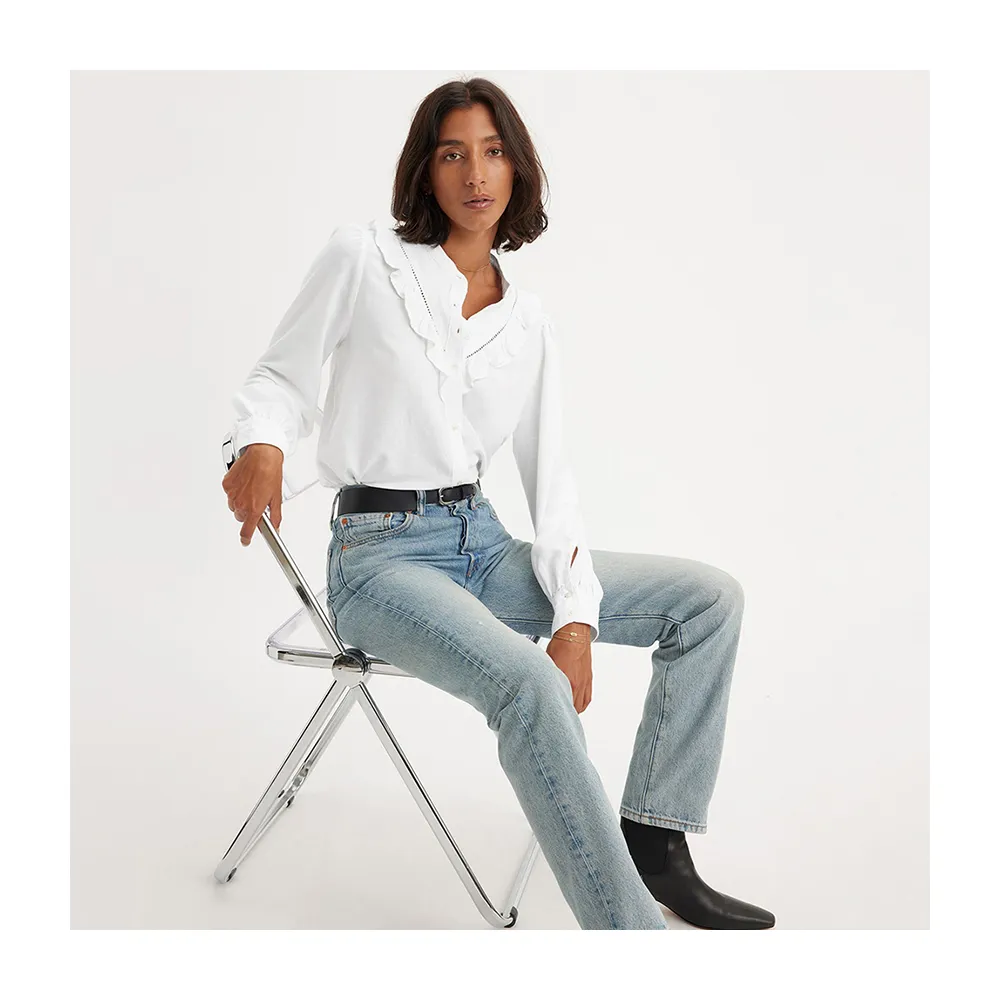 【LEVIS】女款 501高腰合身排釦直筒牛仔長褲 / 有機面料 / 淺藍水洗 熱賣單品 A8423-0000
