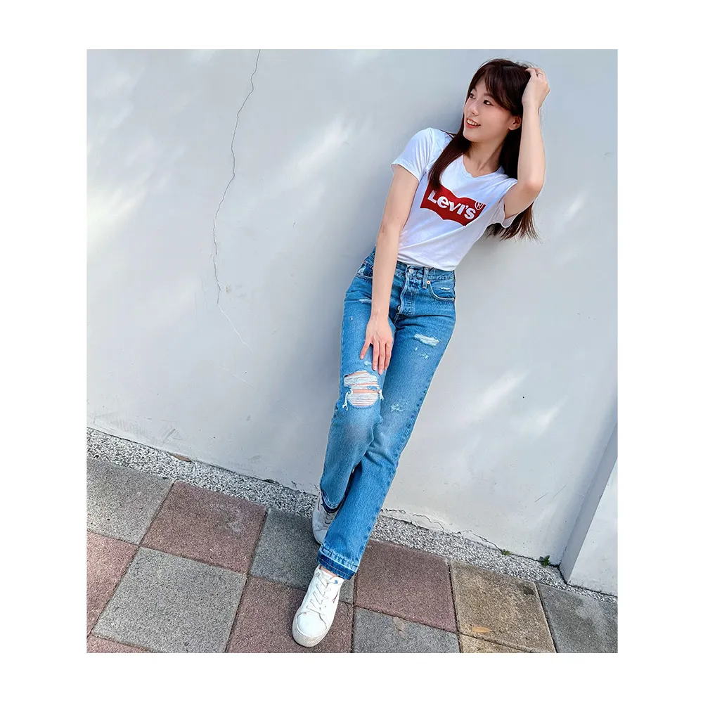 【LEVIS】女款 Crop高腰排釦合身直筒牛仔長褲/精工多重刷破磨損工藝/及踝款 熱賣單品 36200-0248