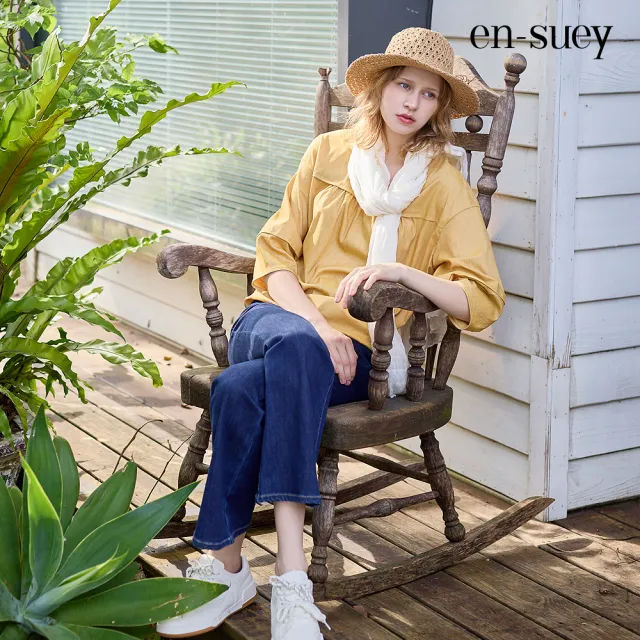 【en-suey 銀穗】落肩切接七分袖圓領上衣-女