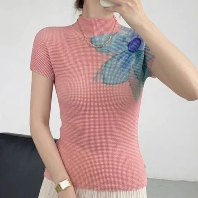 【巴黎精品】三宅風皺褶衣服套裝女上衣長裙高級摺衣彈力女裝顯瘦折衣大碼(T恤印花短袖3色k1ab29)