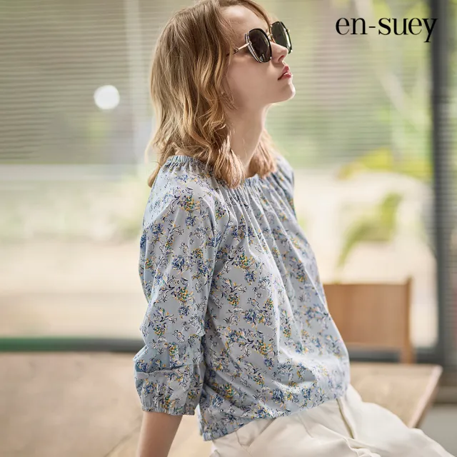 【en-suey 銀穗】純棉拉克蘭袖鬆緊抽褶碎花上衣-女