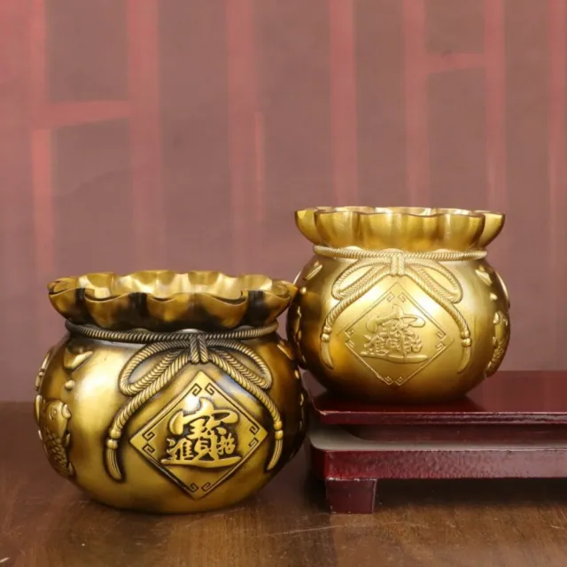 匠俱 招財金錢袋 黃銅聚寶盆 口徑8cm高7cm 招財福袋銅缸擺件 仿古工藝客廳辦公室玄關裝飾
