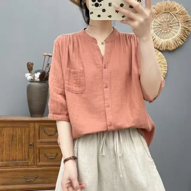 【MU YI YANG 慕衣洋】慵懶V領寬鬆中袖上衣