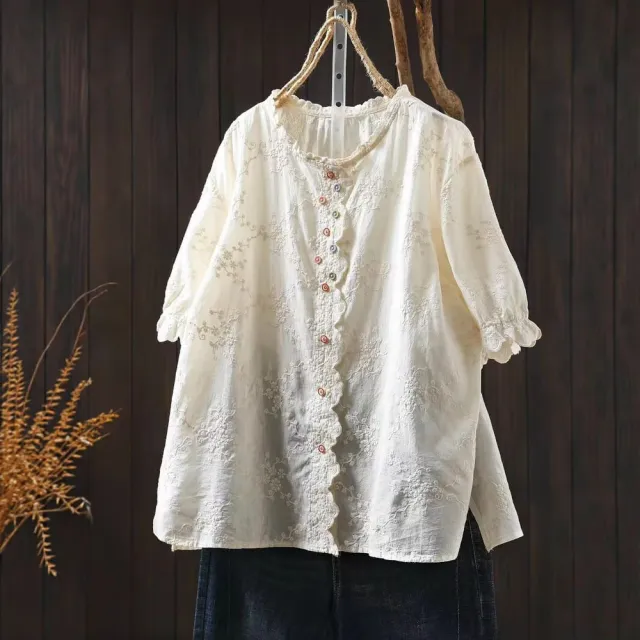 【MU YI YANG 慕衣洋】精緻刺繡緹花彩扣上衣