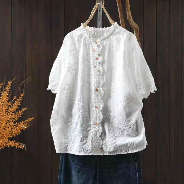 【MU YI YANG 慕衣洋】精緻刺繡緹花彩扣上衣