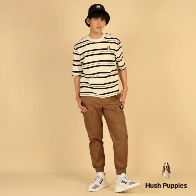 【Hush Puppies】男裝 上衣 條紋緹花刺繡狗五分袖上衣 (淺卡其 / 63110205)