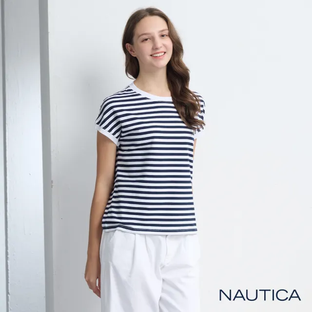 【NAUTICA】官方旗艦 女裝 經典簡約藍條紋短袖T恤(黑色)
