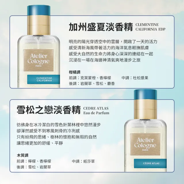 【Atelier Cologne】淡香精 30ml 多款任選(無極烏龍/赤霞橘光/情柚獨鍾/忘情岩蘭/加州盛夏)