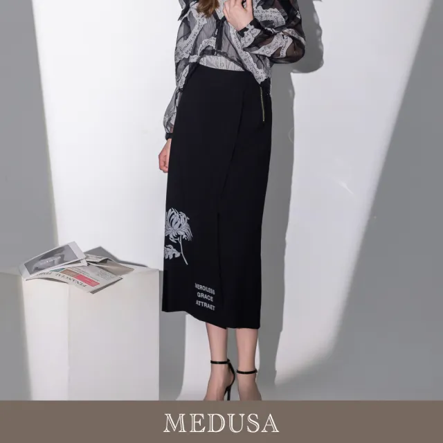 【MEDUSA 曼度莎】現貨-都會個性花卉文字側蓋中長裙（M-XL）｜長裙穿搭 中長裙 都會穿搭