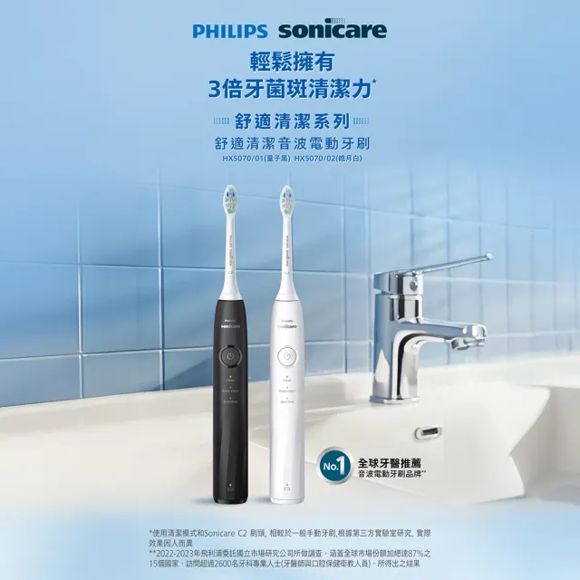 【Philips 飛利浦】momo獨家 HX5070/01 Sonicare舒適清潔音波電動牙刷2入-黑(2026新品/壓力感應/官方直營)