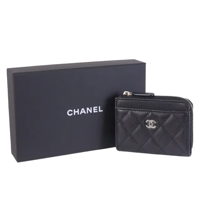 【CHANEL 香奈兒】經典雙C LOGO菱格小牛皮信用卡零錢包(黑/淡金)