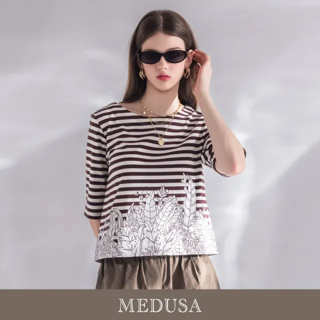 【MEDUSA 曼度莎】現貨-條紋拼接白色燙花五分袖上衣 - 2色（M-XL）｜短袖上衣 女上衣 短袖T恤