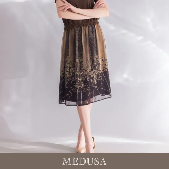 【MEDUSA 曼度莎】現貨-台灣製 深棕暈染印花雪紡鬆緊腰中長裙（M-XL）｜雪紡裙 長裙穿搭 度假穿搭