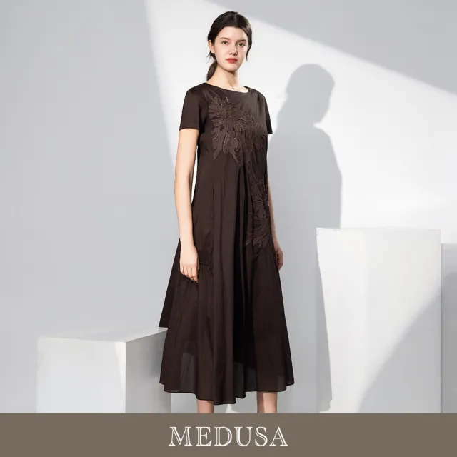 【MEDUSA 曼度莎】現貨-輕熟浪漫花飾純棉長洋裝小禮服（M-XL）｜長洋裝 約會穿搭 媽媽禮服