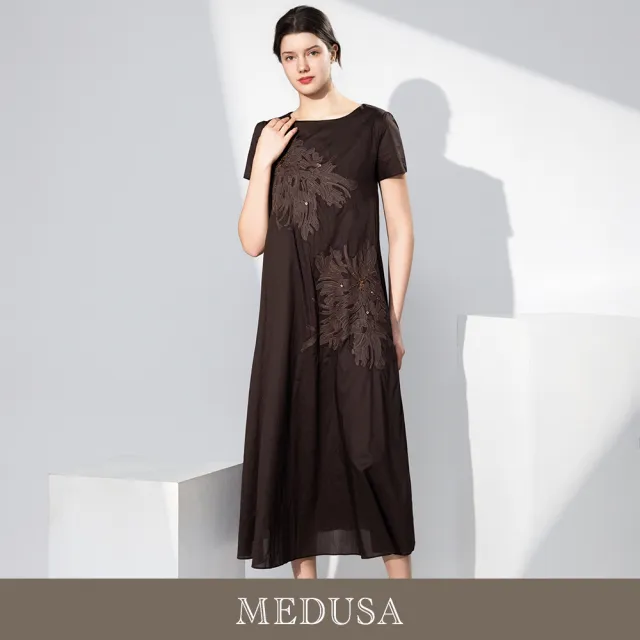 【MEDUSA 曼度莎】現貨-輕熟浪漫花飾純棉長洋裝小禮服（M-XL）｜長洋裝 約會穿搭 媽媽禮服