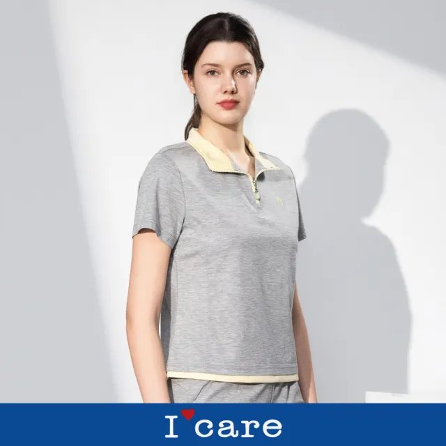 【I’Care 依卡】現貨-灰調奶黃邊拉鍊 Polo 運動上衣（M-L）｜Polo上衣 運動上衣 休閒穿搭