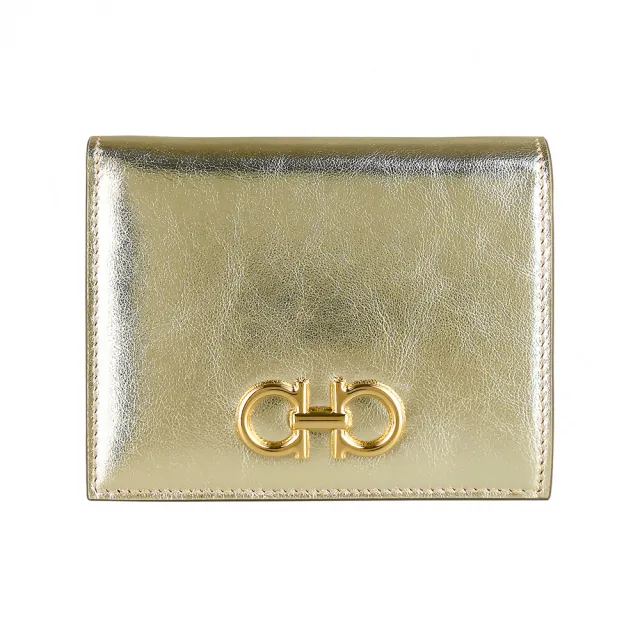 【Salvatore Ferragamo】FERRAGAMO精品漆面小牛皮金屬LOGO釦式短夾(金)