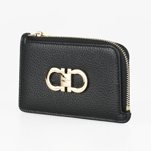 【Salvatore Ferragamo】FERRAGAMO精品小牛皮金屬LOGO拉鍊零錢卡片包(黑)