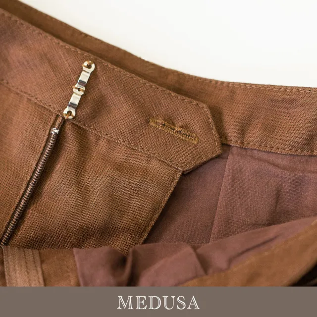 【MEDUSA 曼度莎】現貨-氛圍褐棕亞麻壓褶寬褲 - 送編織皮帶（M-L）｜亞麻寬褲 度假穿搭