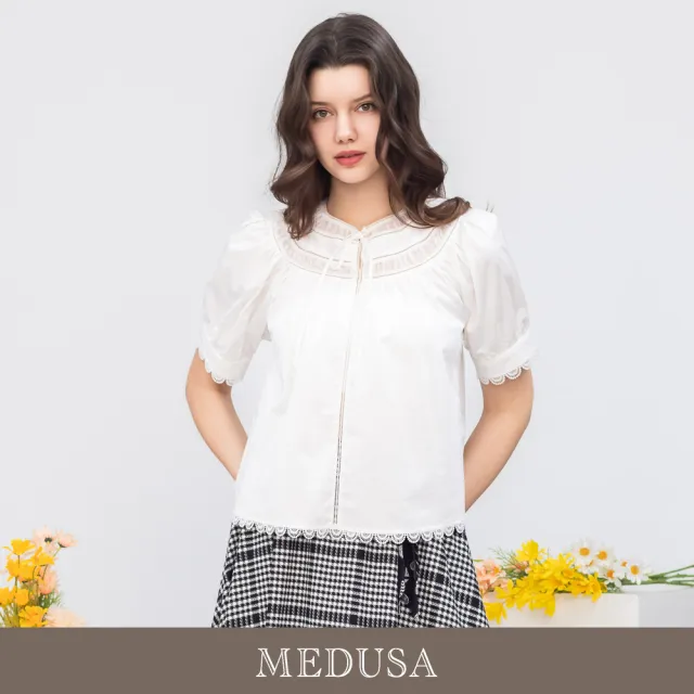 【MEDUSA 曼度莎】現貨-雪白紗圓領滾邊純棉上衣（M-XL）｜純棉上衣 短袖上衣 甜美穿搭